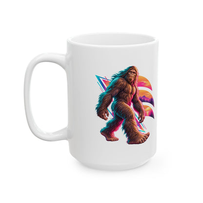Neon Bigfoot Striding Through Sunset Arcs Mug