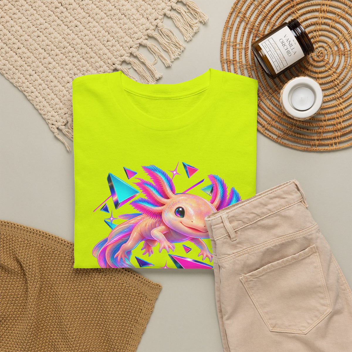 Neon Axolotl Drifting Through Memphis Shapes T-Shirt