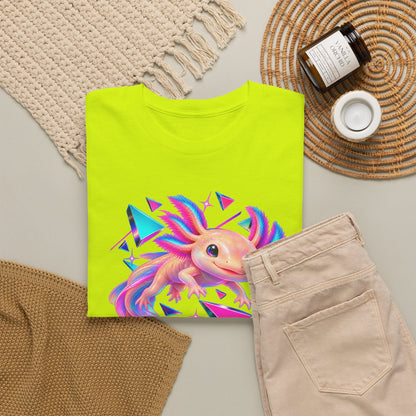 Neon Axolotl Drifting Through Memphis Shapes T-Shirt