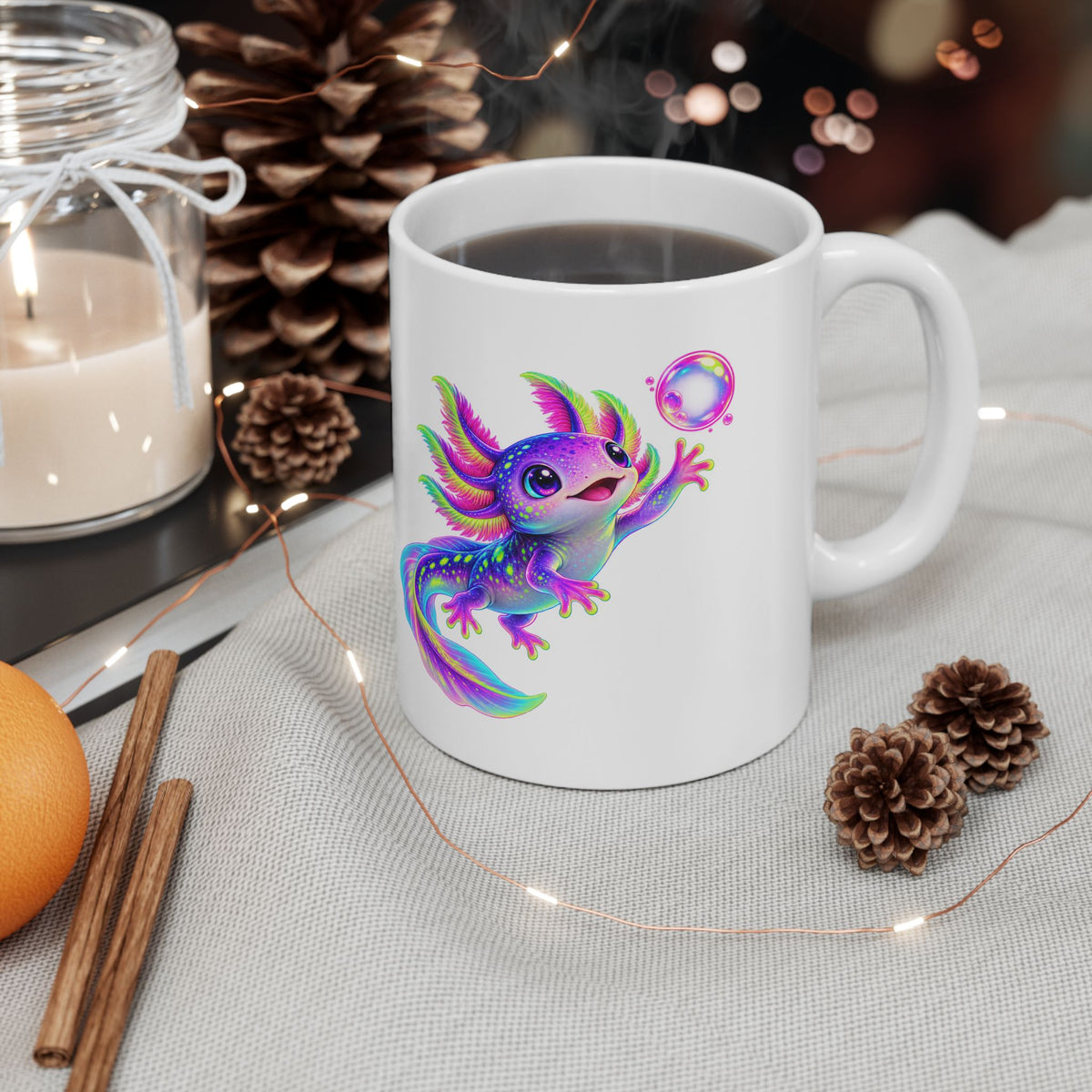 Neon Axolotl Reaching for a Bubble Mug