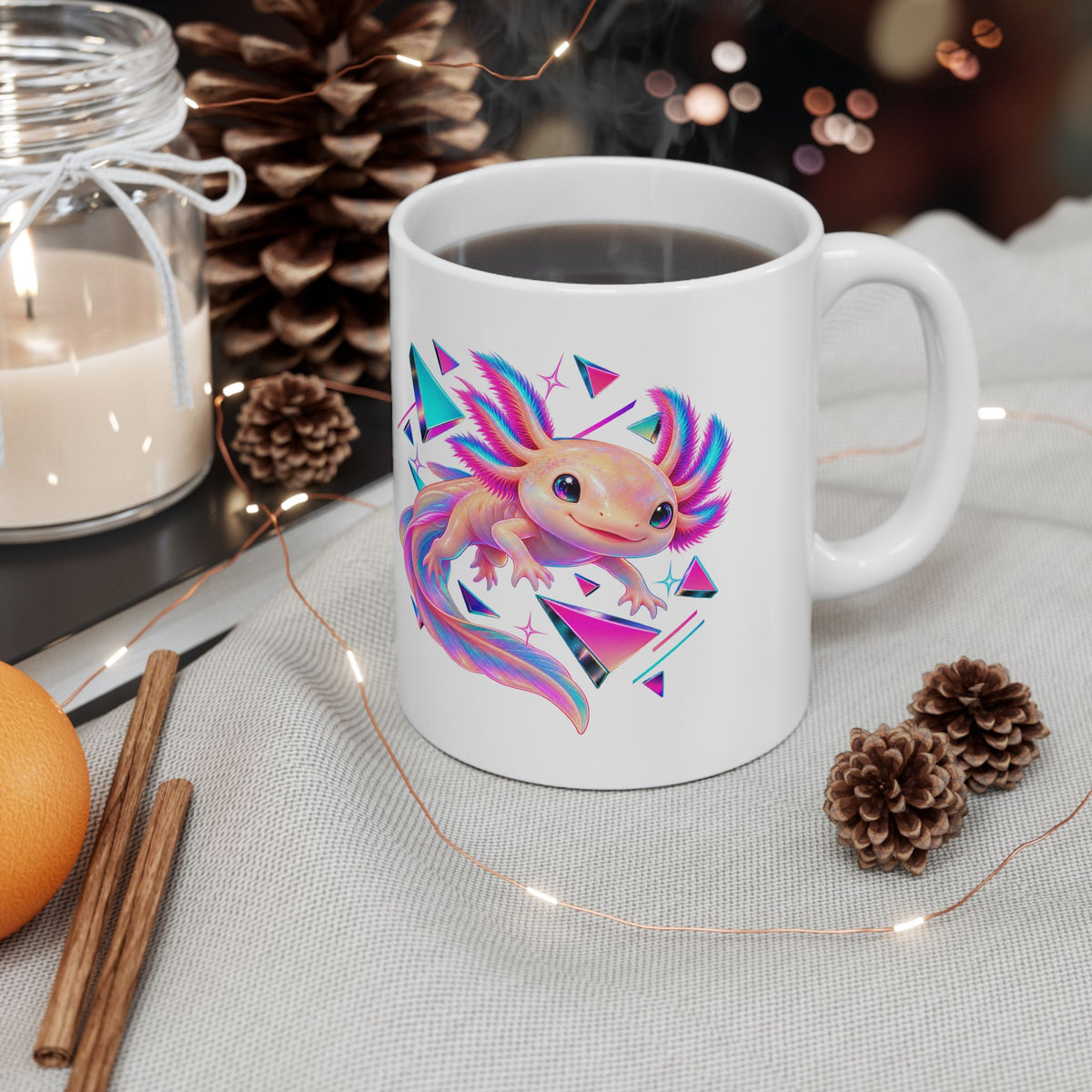 Neon Axolotl Drifting Through Memphis Shapes Mug