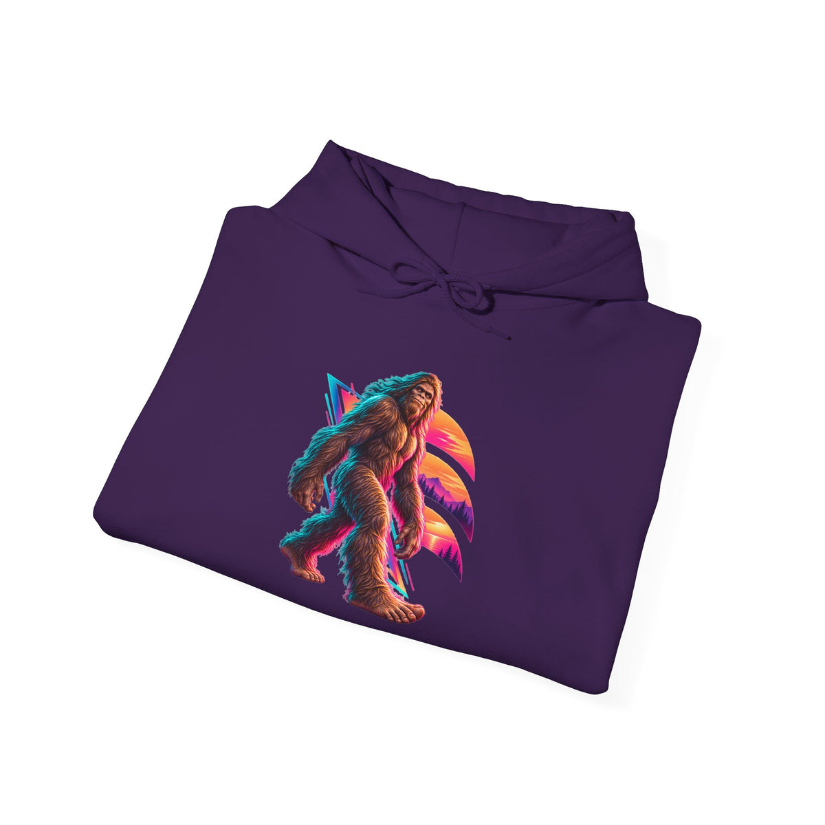 Neon Bigfoot Striding Through Sunset Arcs Pullover Hoodie