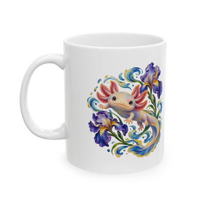 Axolotl Among Swirling Purple Irises Mug