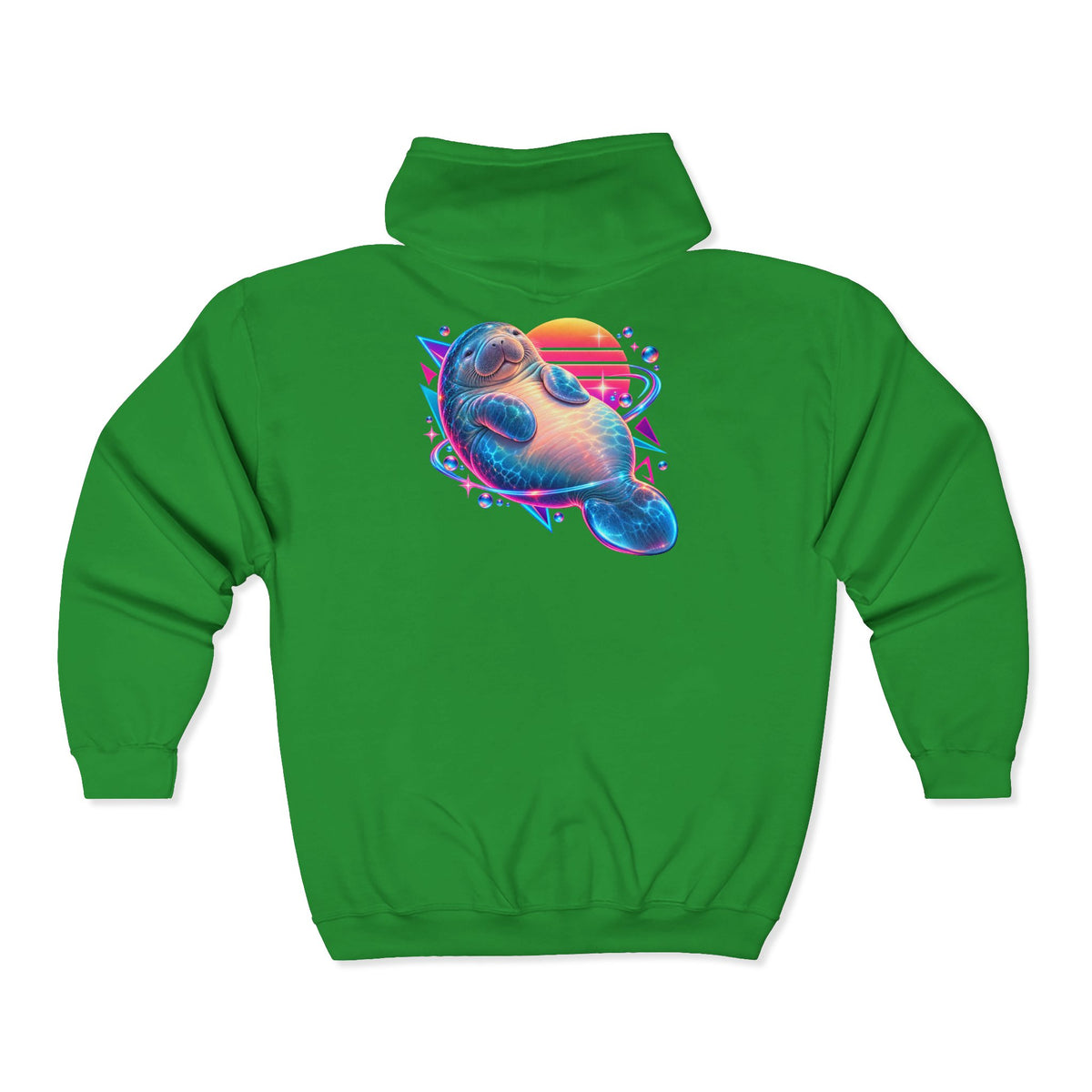 Synthwave Manatee Over Sunset Arcs Zip-Up Hoodie