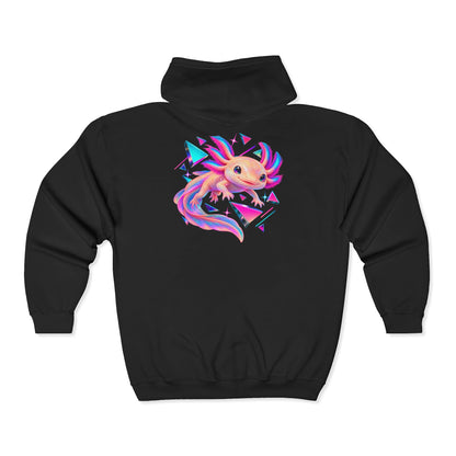 Neon Axolotl Drifting Through Memphis Shapes Zip-Up Hoodie