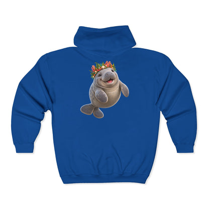 Cheerful Coral Crown Manatee Zip-Up Hoodie