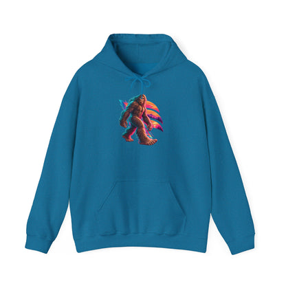 Neon Bigfoot Striding Through Sunset Arcs Pullover Hoodie
