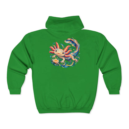 Swirling Axolotl and Lily Bloom Zip-Up Hoodie