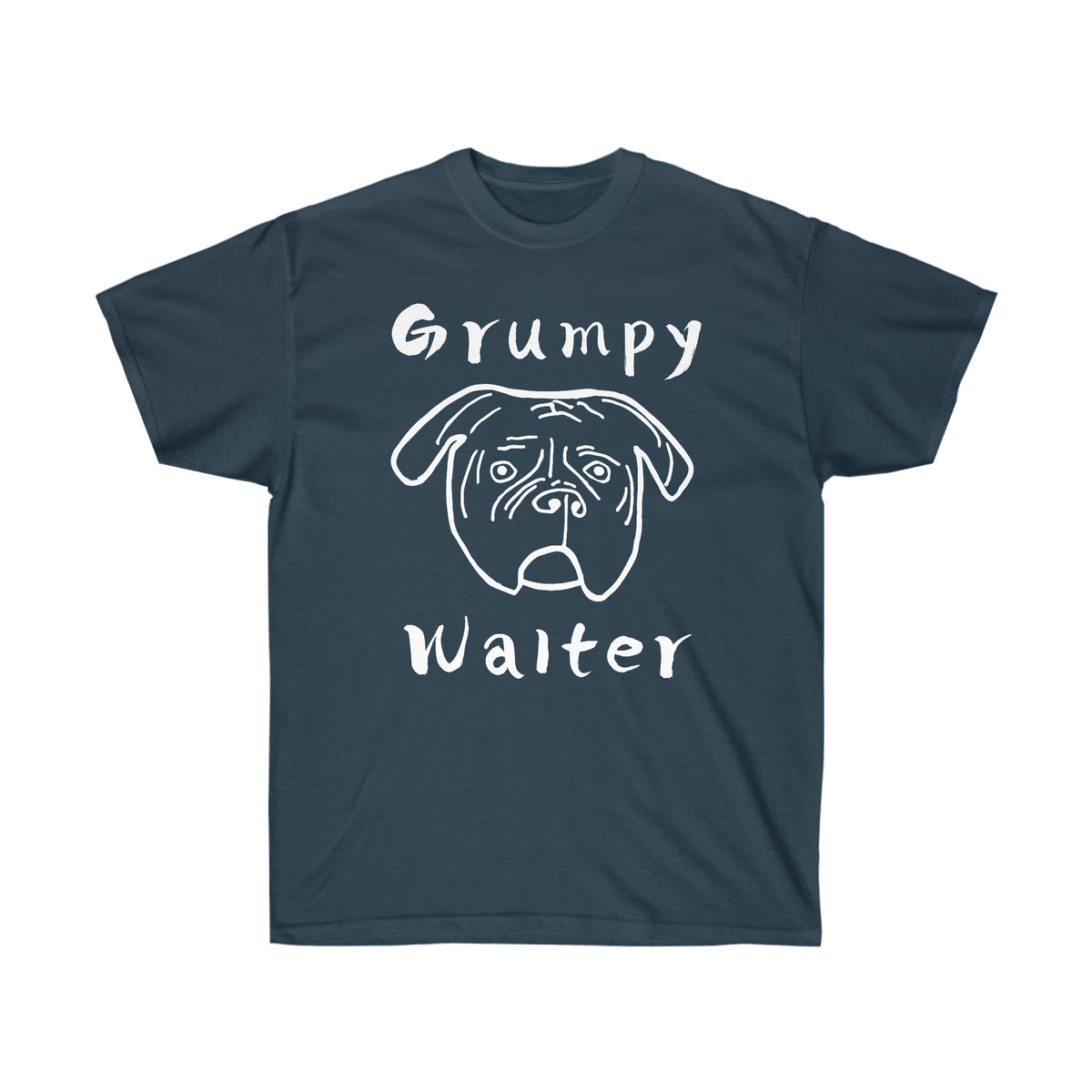 Dark blue T-shirt with a white Grumpy Walter dog graphic and lettering on the front.