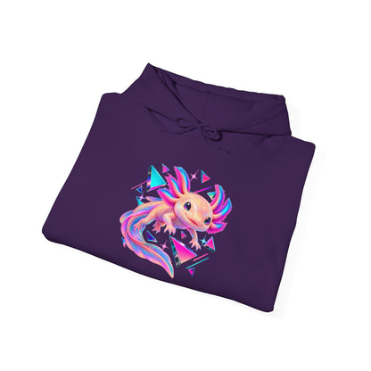 Neon Axolotl Drifting Through Memphis Shapes Pullover Hoodie