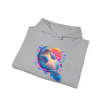 Synthwave Manatee Over Sunset Arcs Pullover Hoodie
