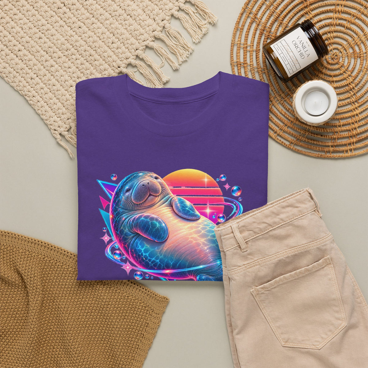 Synthwave Manatee Over Sunset Arcs T-Shirt