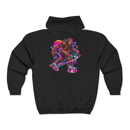 Neon Bigfoot on Roller Skates Zip-Up Hoodie