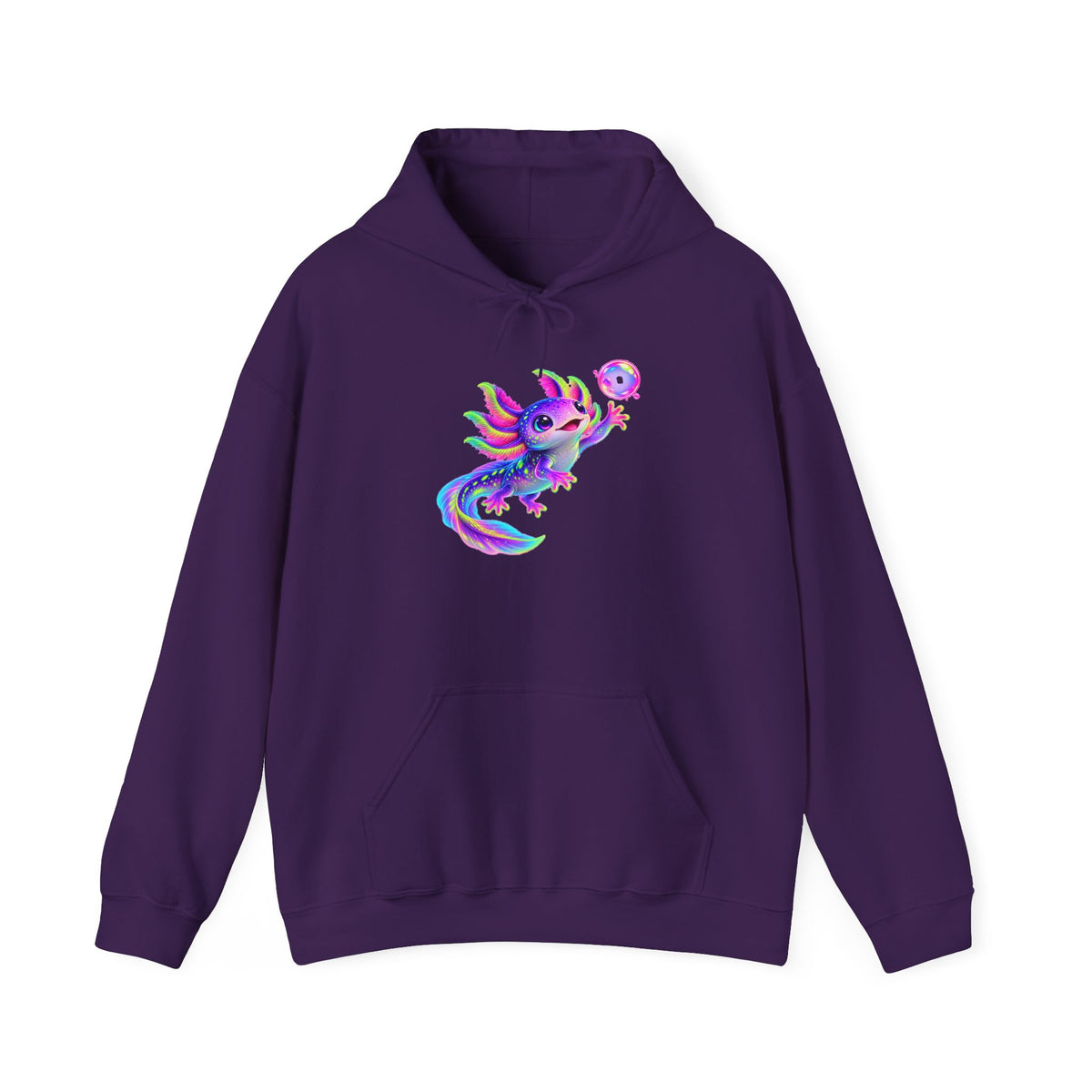 Neon Axolotl Reaching for a Bubble Pullover Hoodie