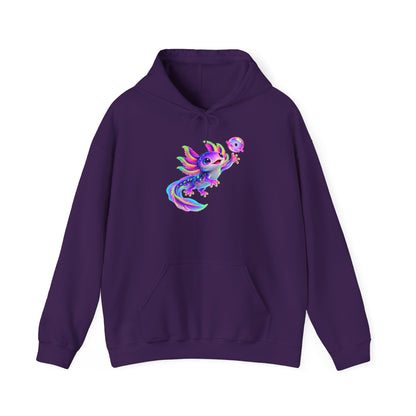 Neon Axolotl Reaching for a Bubble Pullover Hoodie