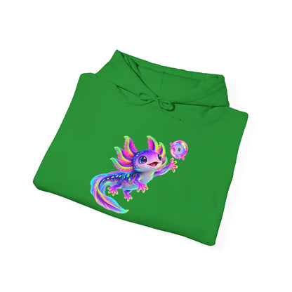 Neon Axolotl Reaching for a Bubble Pullover Hoodie