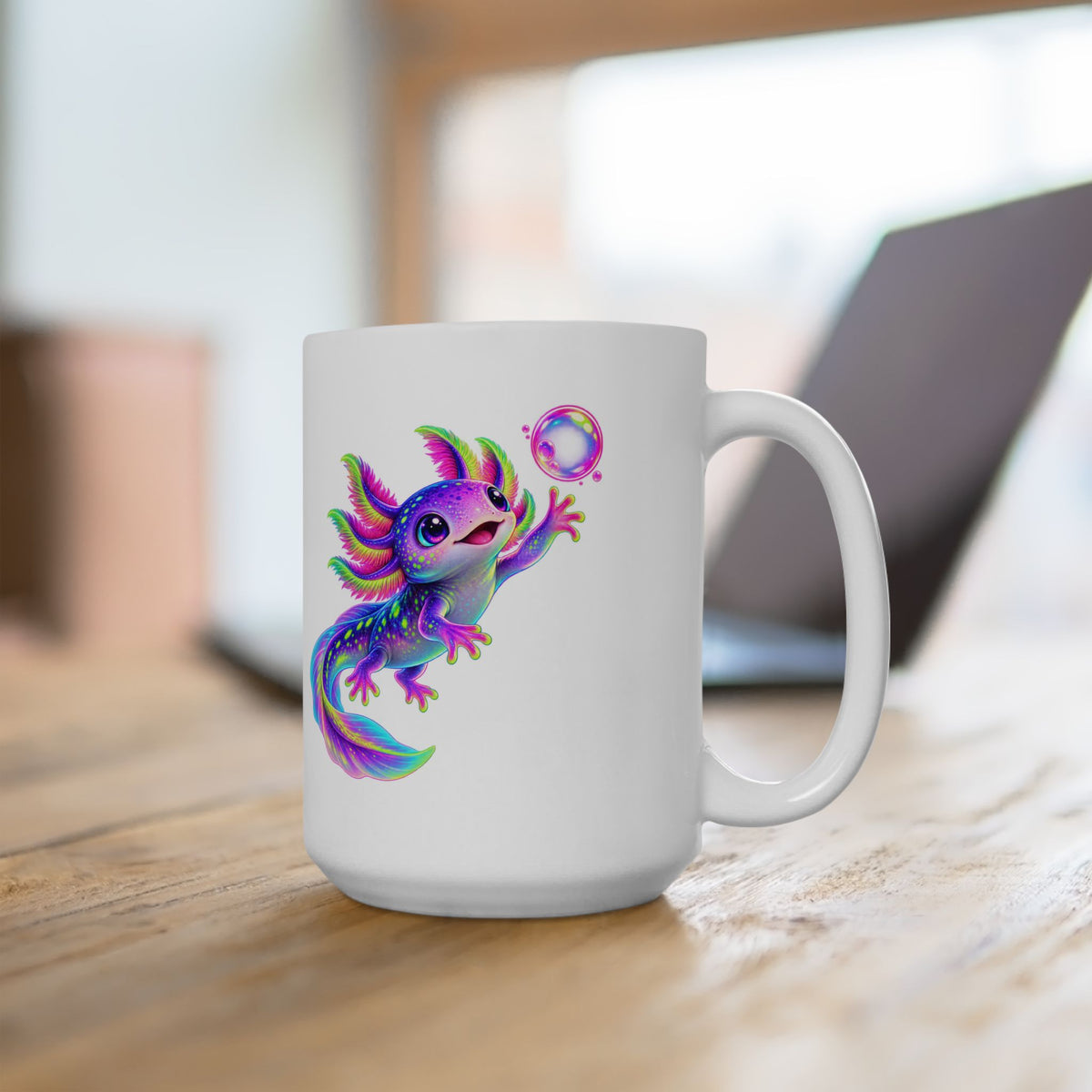 Neon Axolotl Reaching for a Bubble Mug