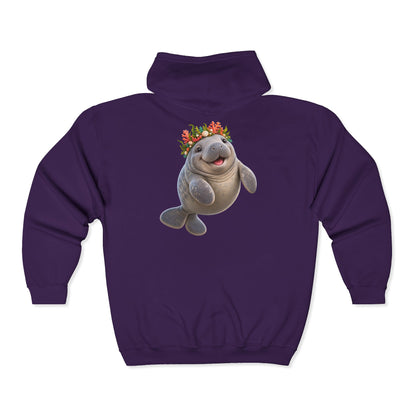 Cheerful Coral Crown Manatee Zip-Up Hoodie
