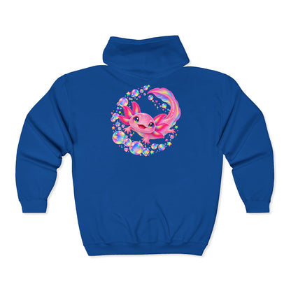 Bubblegum Axolotl in Rainbow Bubbles Zip-Up Hoodie