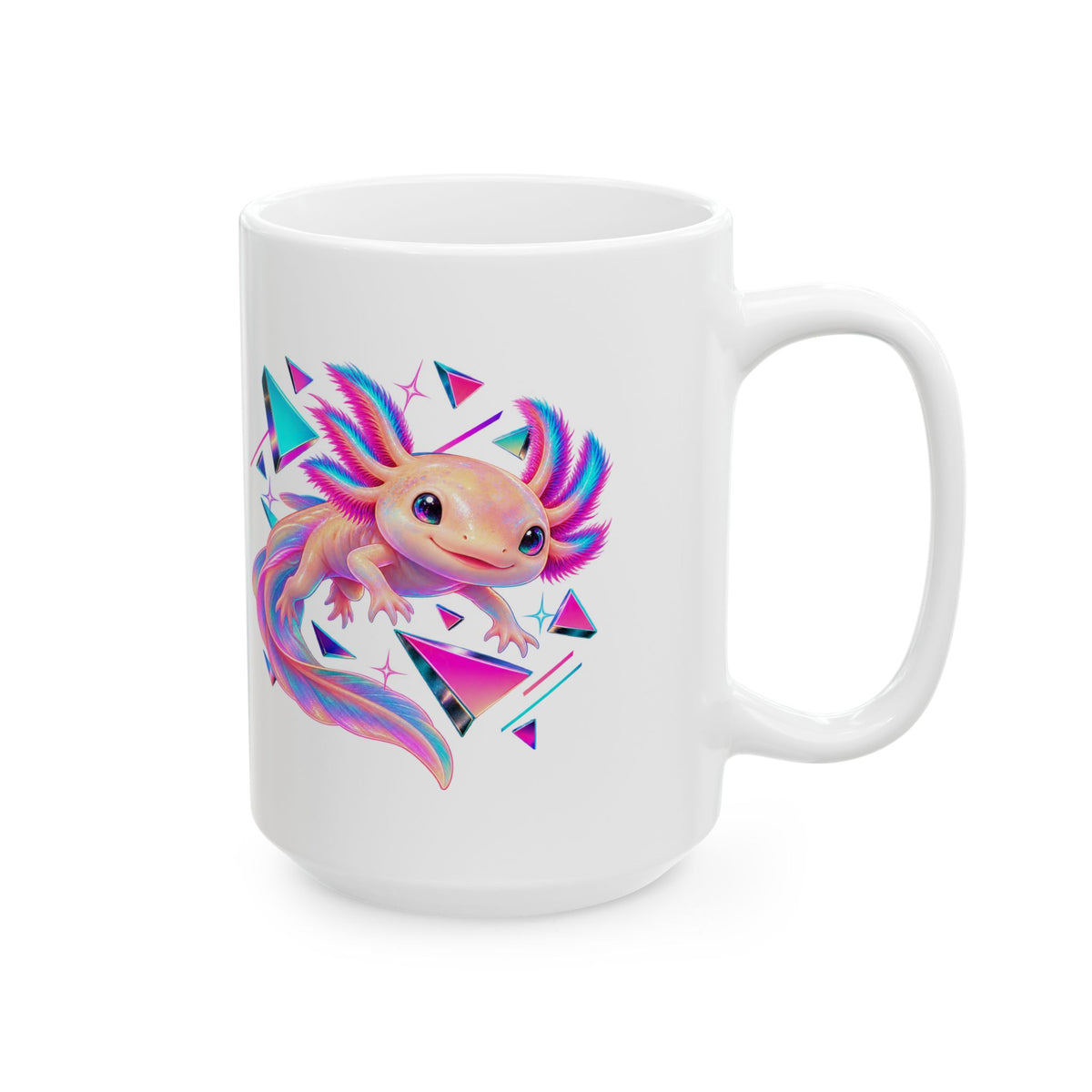 Neon Axolotl Drifting Through Memphis Shapes Mug