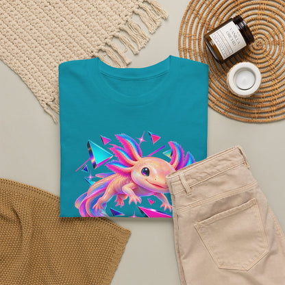 Neon Axolotl Drifting Through Memphis Shapes T-Shirt
