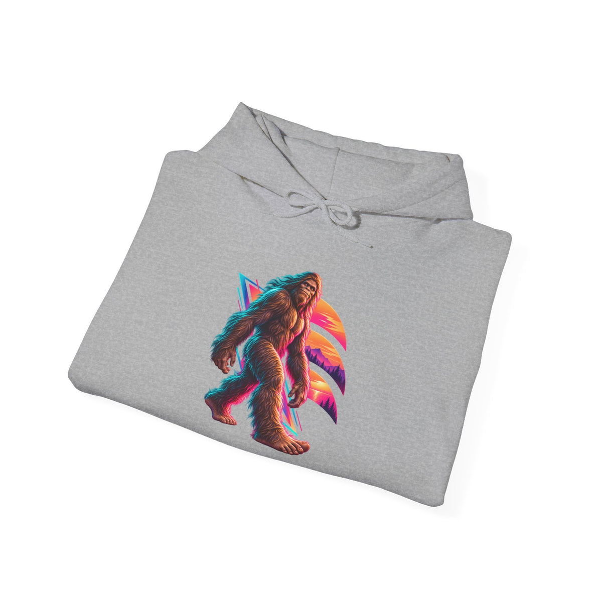 Neon Bigfoot Striding Through Sunset Arcs Pullover Hoodie