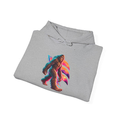 Neon Bigfoot Striding Through Sunset Arcs Pullover Hoodie