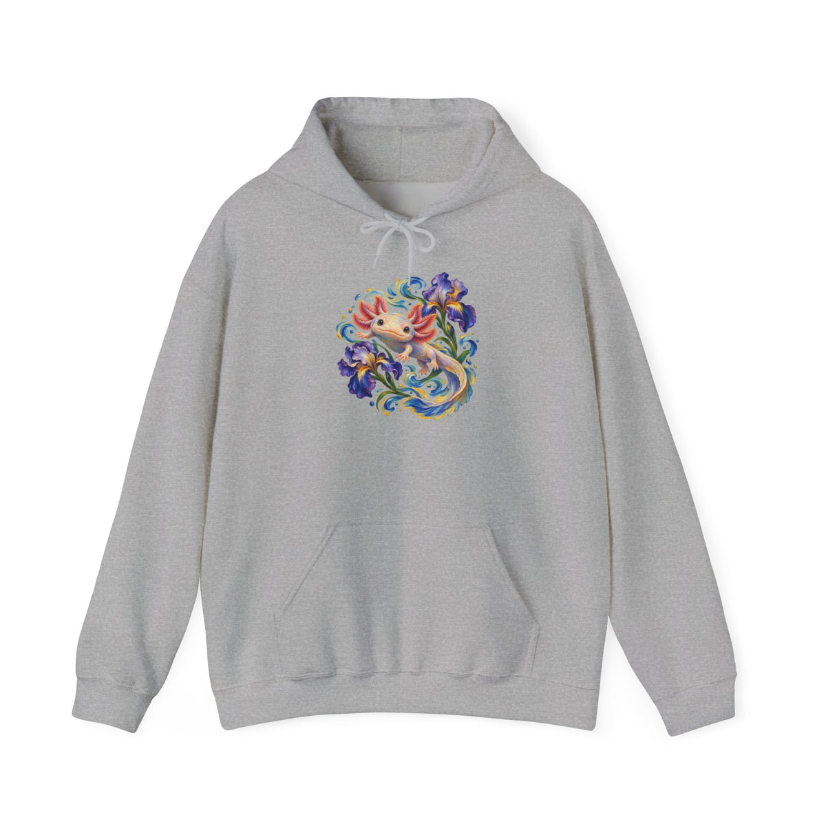 Axolotl Among Swirling Purple Irises Pullover Hoodie
