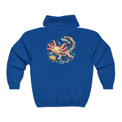 Swirling Axolotl and Lily Bloom Zip-Up Hoodie