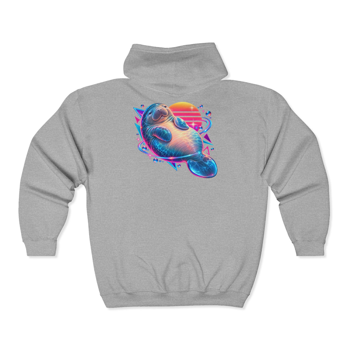 Synthwave Manatee Over Sunset Arcs Zip-Up Hoodie