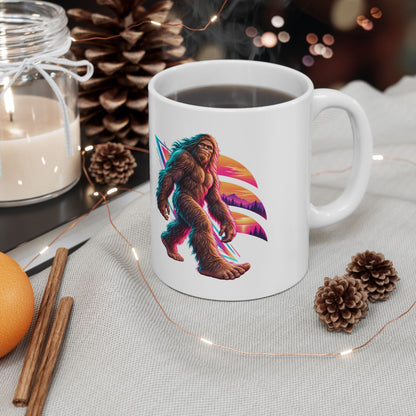 Neon Bigfoot Striding Through Sunset Arcs Mug