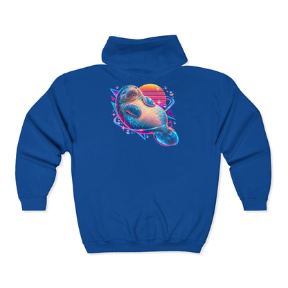 Synthwave Manatee Over Sunset Arcs Zip-Up Hoodie