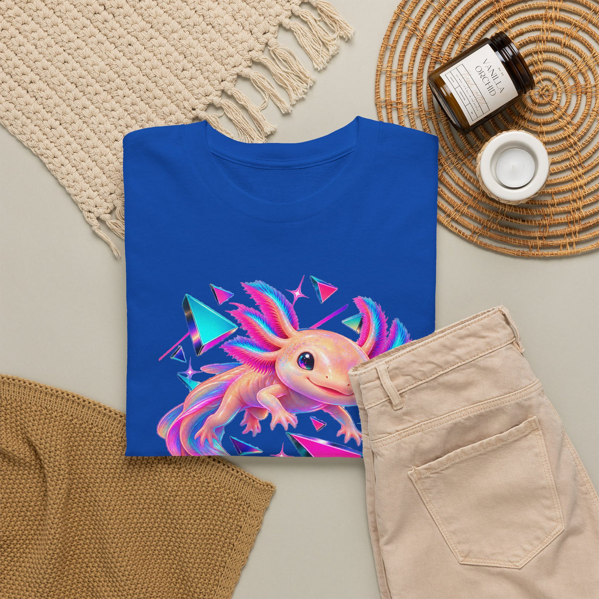 Neon Axolotl Drifting Through Memphis Shapes T-Shirt